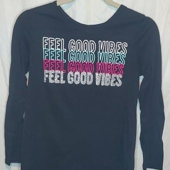Girls Black Feel Good Vibe Long Sleeve Shirt Top Size 14/16 by Justice - Picture 1 of 4
